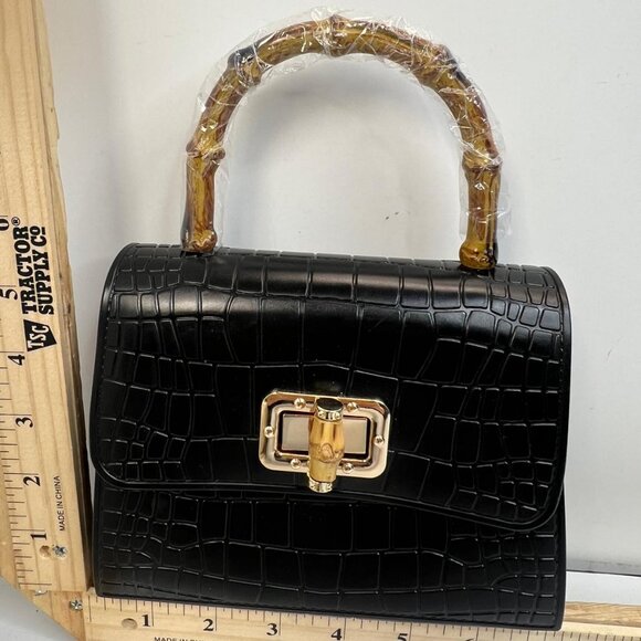 Vintage Style Black Croc Embossed Handbag Bamboo Handle Gold Clasp Purse Bag - Picture 2 of 7